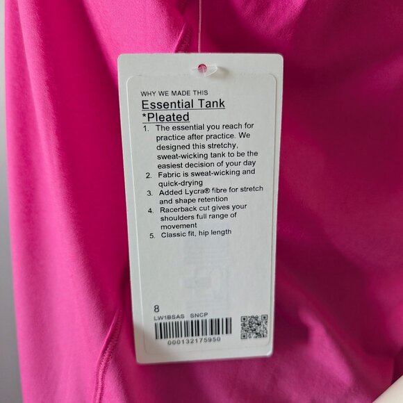 Lululemon - Pink "Essential" Pleated Yoga Tank Top - Size 8 - NWT - Picture 6 of 7
